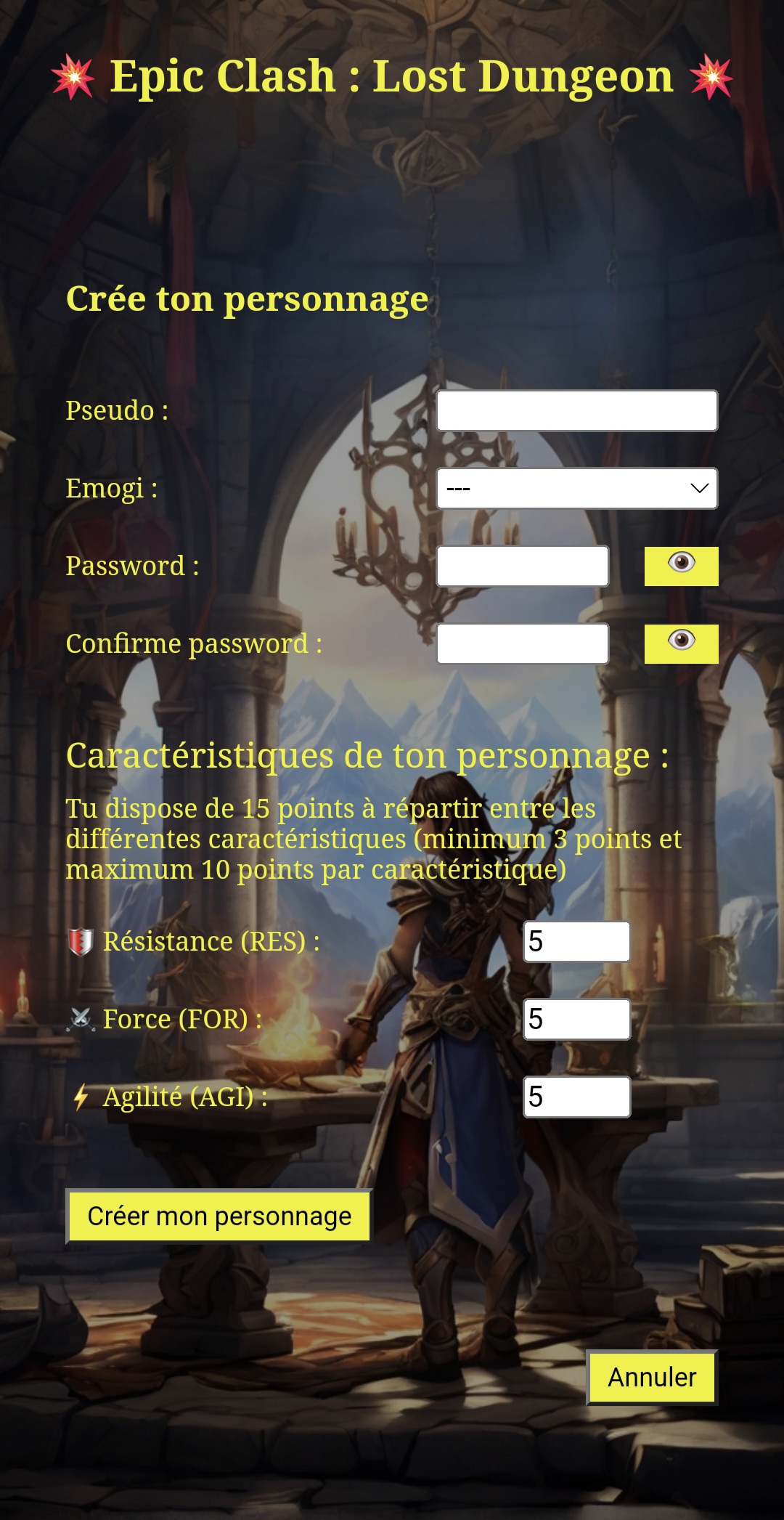 ecran de creation d'un personnage